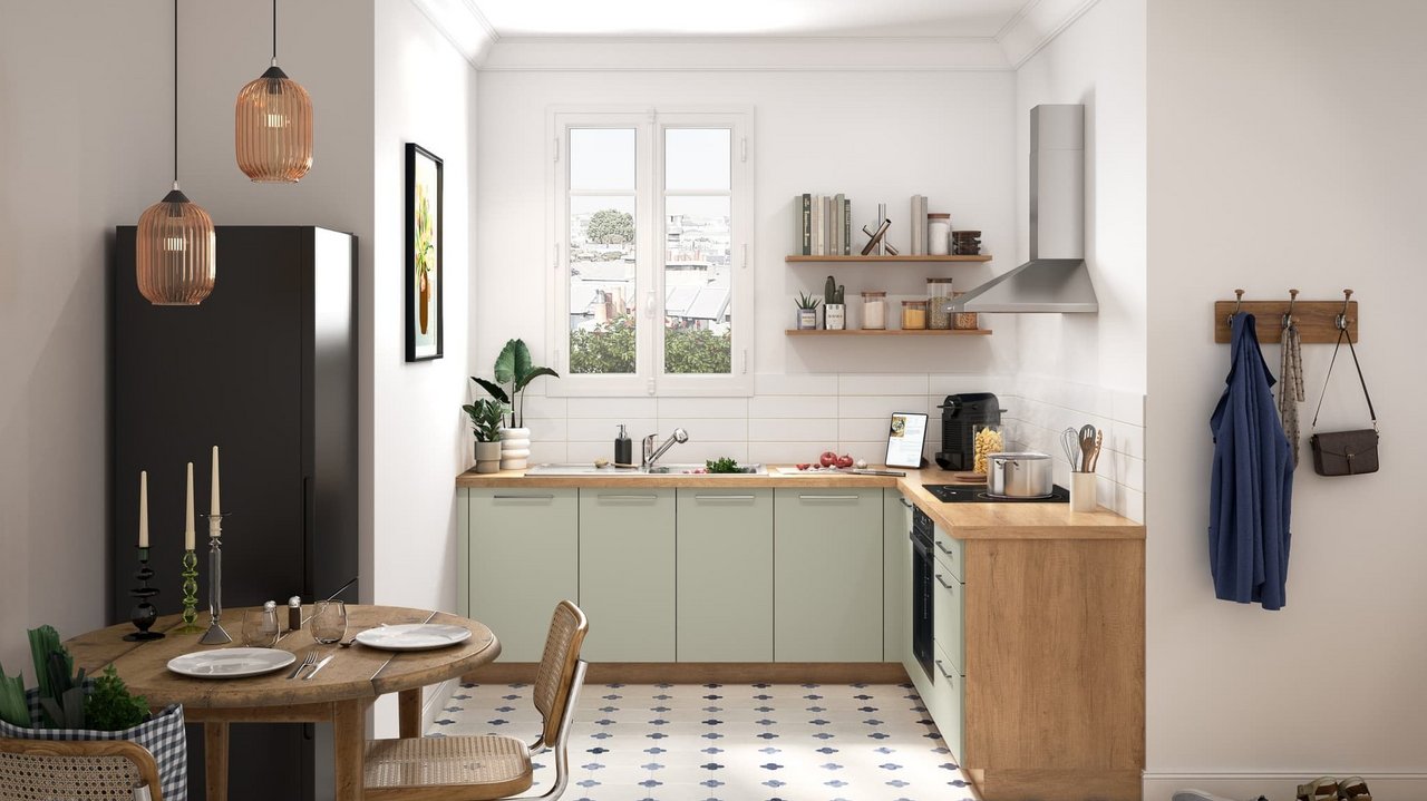 Cuisine rétro avec meubles vert d'eau et bois