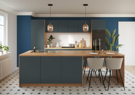 Cuisine esprit contemporain bleu et bois