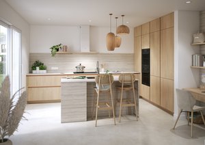 Cuisine scandinave blanche et bois avec ilot central