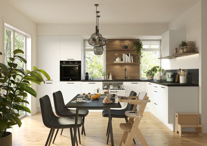 Cuisine contemporaine blanche avec étagères en bois ouvertes