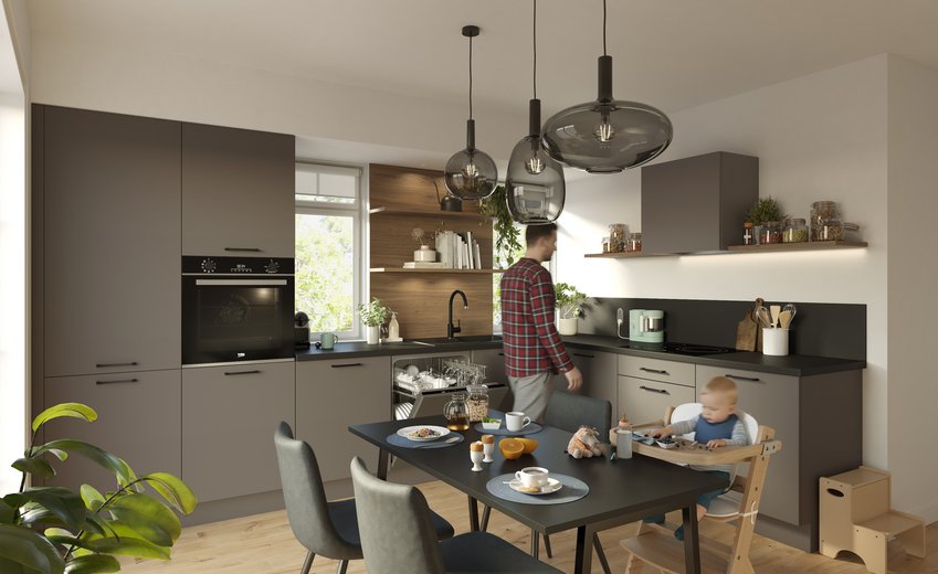 Cuisine contemporaine gris taupe et bois avec un espace repas familial