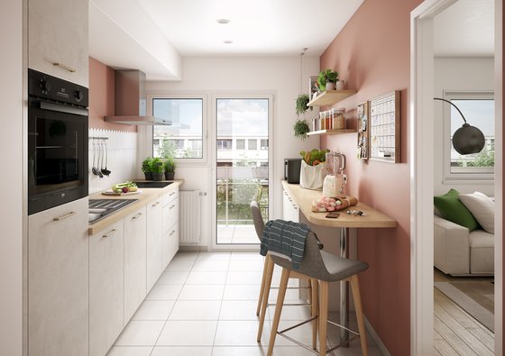 Petite cuisine rose et blanche avec ilot