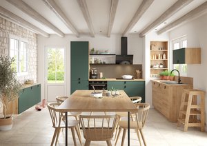  Cuisine rustique moderne vert et bois avec grande table de repas