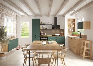  Cuisine rustique moderne vert et bois avec grande table de repas
