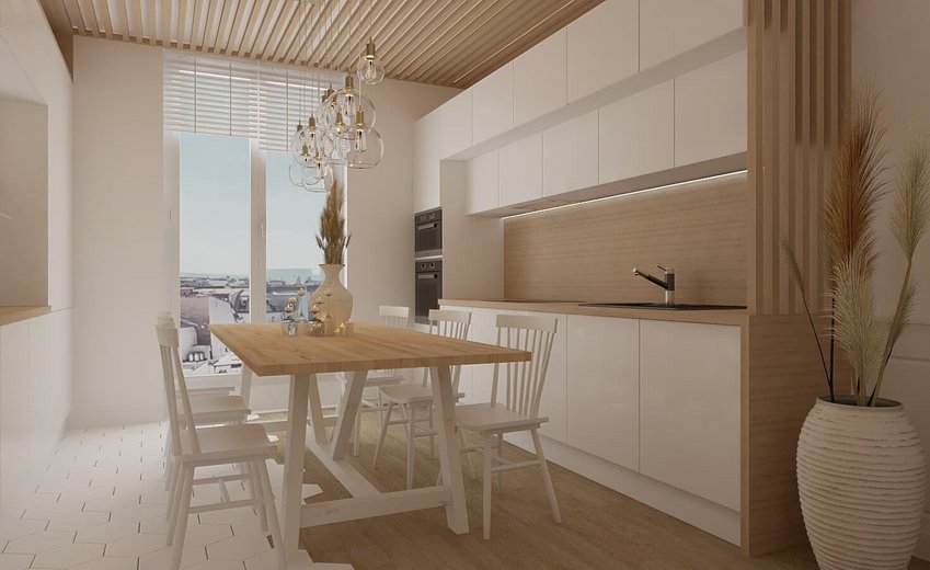 Cuisine design minimaliste avec meubles blancs et bois