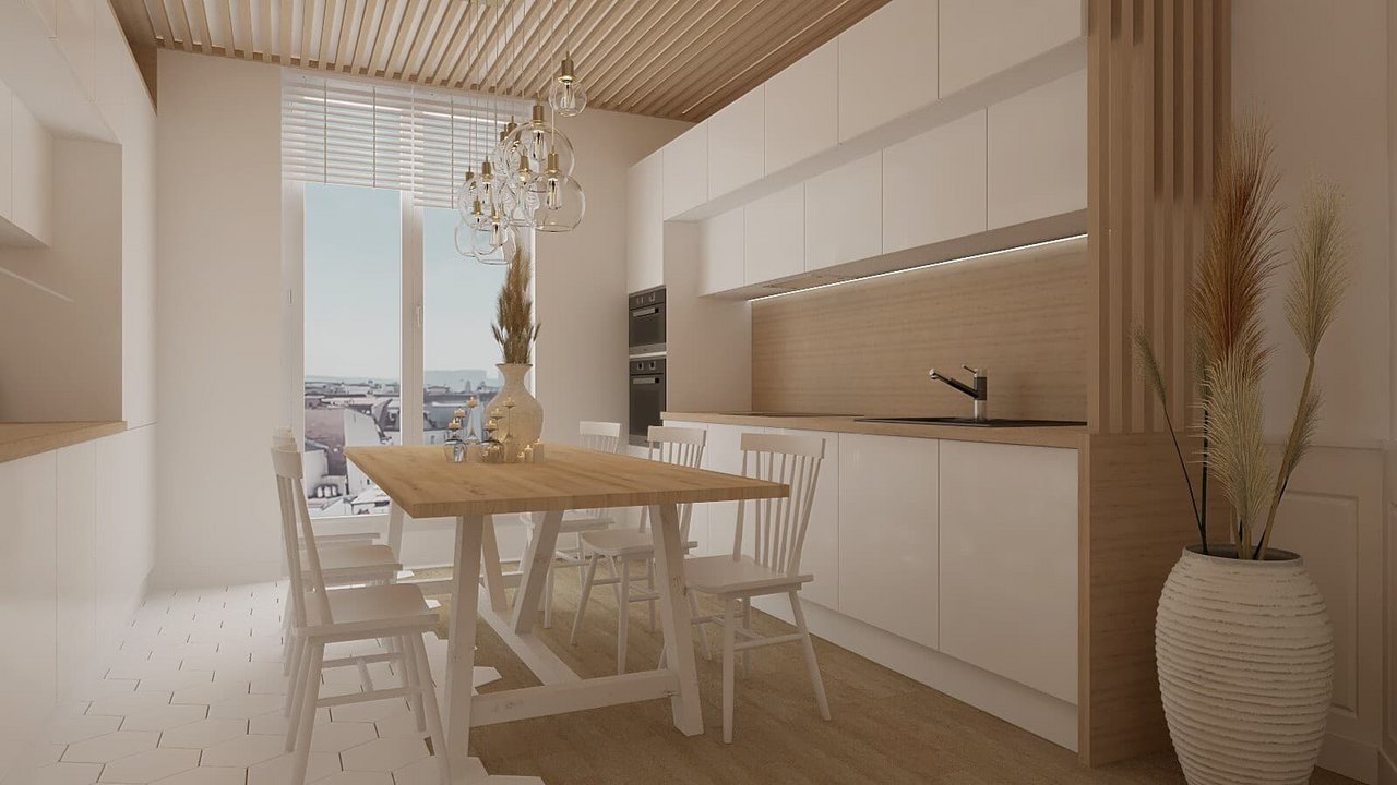Cuisine design minimaliste avec meubles blancs et bois