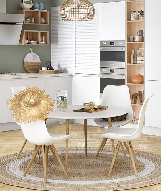 table de cuisine, ronde, beige, paille, lumière 