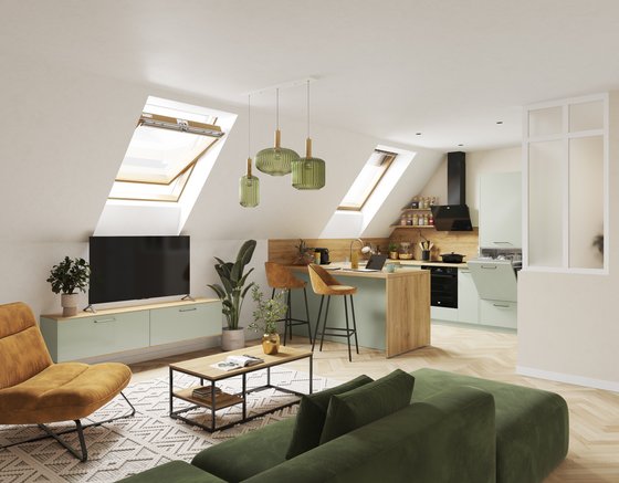 Salon et cuisine sous les toits aux touches de vert