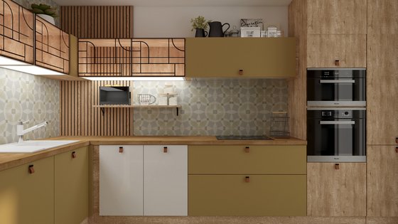 Cuisine design jaune moutarde et bois