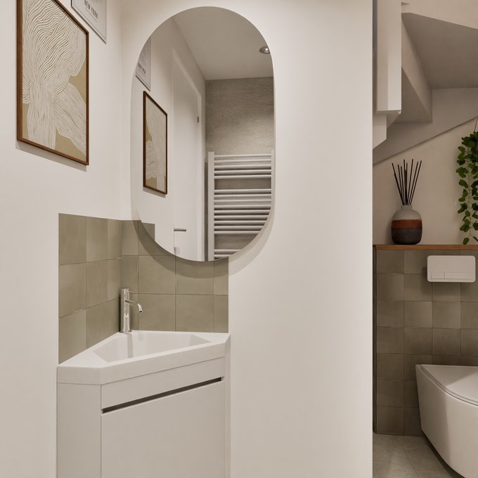 Salle d'eau minimaliste beige et blanc