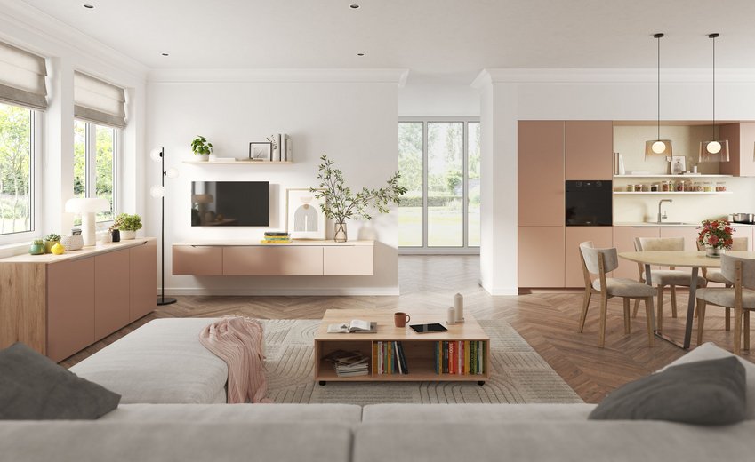 Grand espace de vie contemporain aux tons nude et bois clair