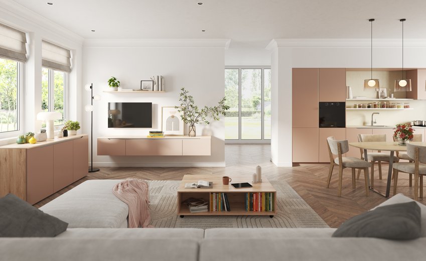 Grand espace de vie contemporain aux tons nude et bois clair