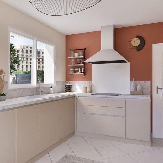 Cuisine façade beige, plan de travail effet marbre avec mur terracotta