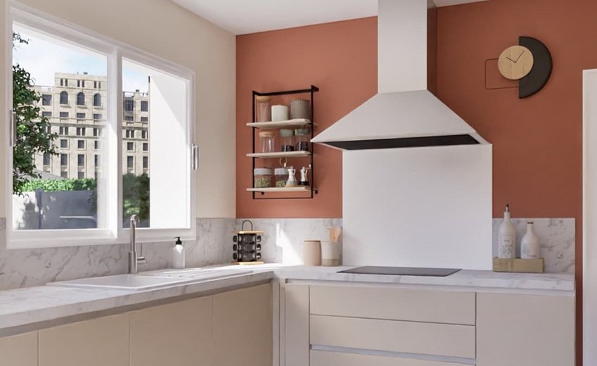 Cuisine façade beige, plan de travail effet marbre avec mur terracotta