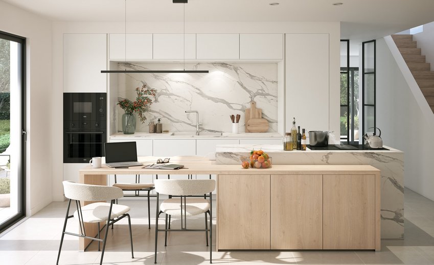 Cuisine contemporaine minimaliste en marbre et bois clair