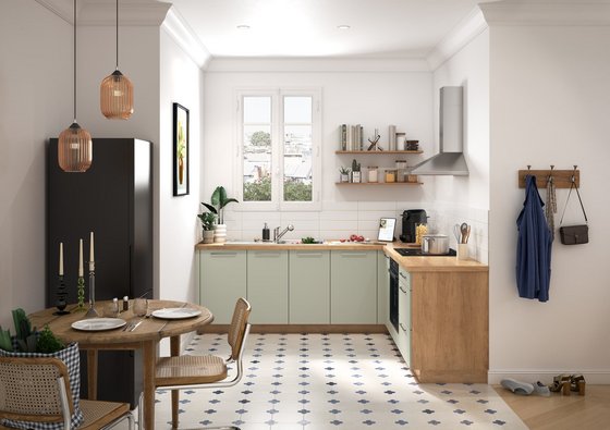 Cuisine rétro avec meubles vert d'eau et bois