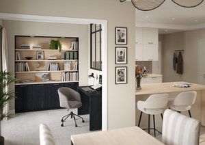 Bureau minimaliste et bibliothèque intégrée noir et bois