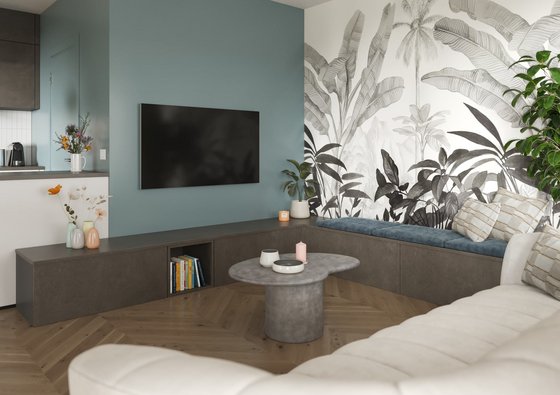 Salon moderne avec mur bleu canard