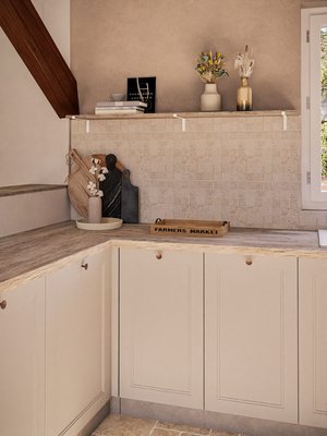 Cuisine contemporaine avec meubles beige et bois et poutre apparente