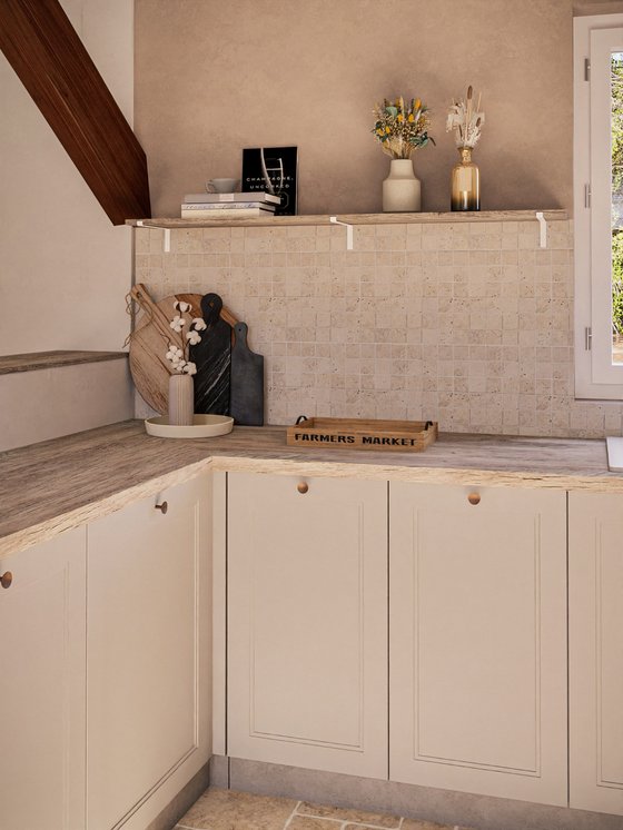 Cuisine contemporaine avec meubles beige et bois et poutre apparente