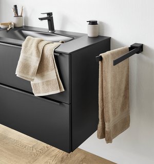 Meuble vasque contemporain noir mat et bois avec vasque blanche