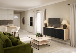 Salon contemporain aux tons beiges avec canapé vert olive 