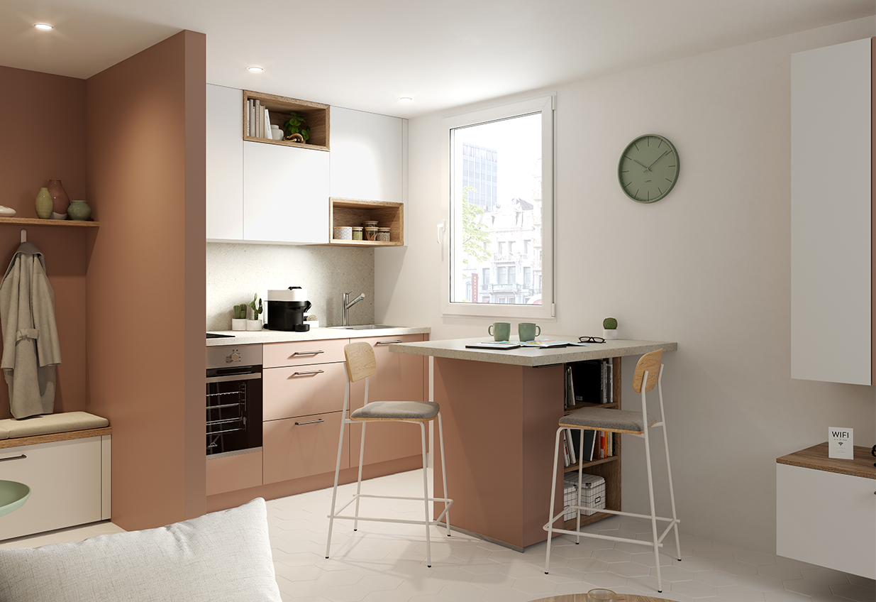 Cuisine ouverte lumineuse avec coin repas